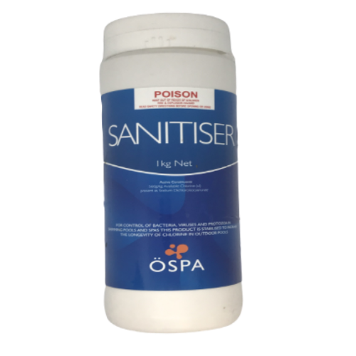 A 1Kg container of OSPA brand chlorine sanitizer for spas and pools, with a predominantly blue label on a white background.